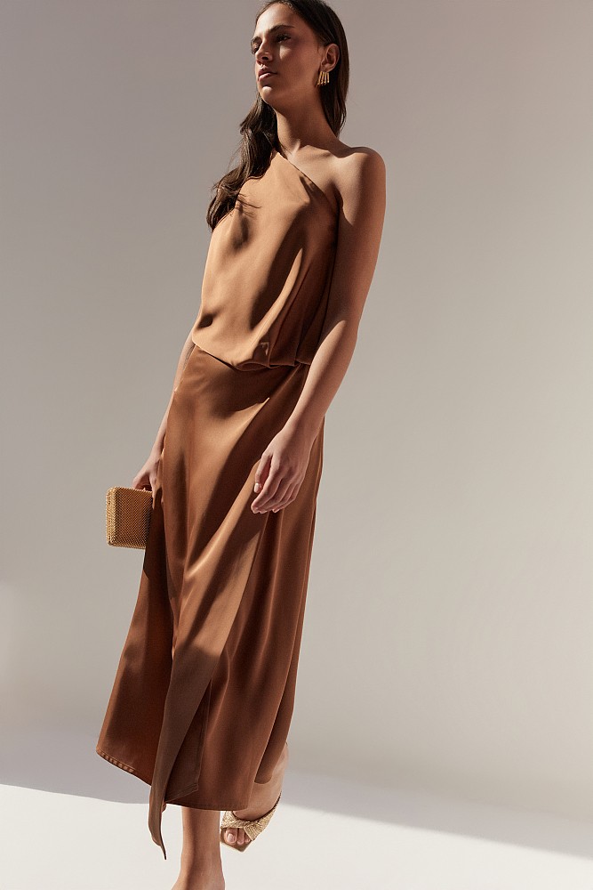 Vestido midi asimétrico de satén con un solo hombro - Gold Label