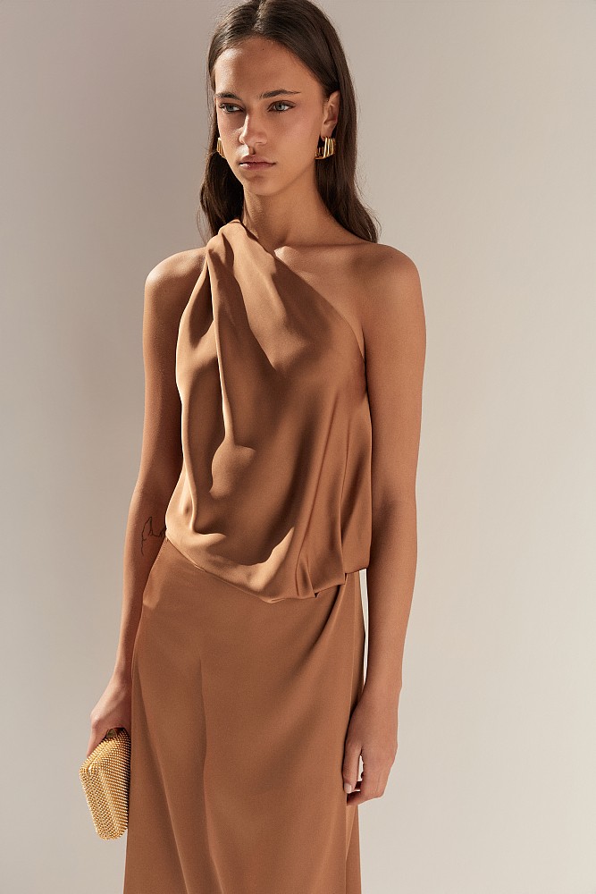 Vestido midi asimétrico de satén con un solo hombro - Gold Label