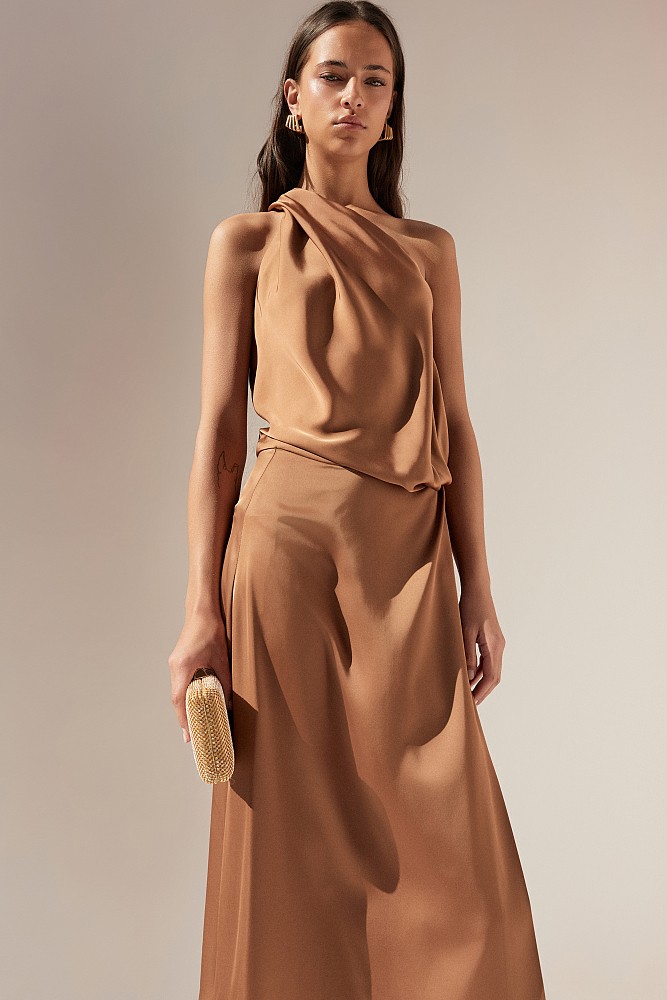 Vestido midi asimétrico de satén con un solo hombro - Gold Label