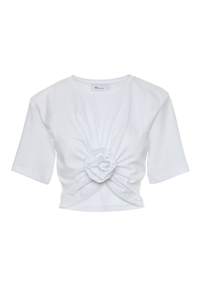 Cropped top with shoulder pads and appliqué flower