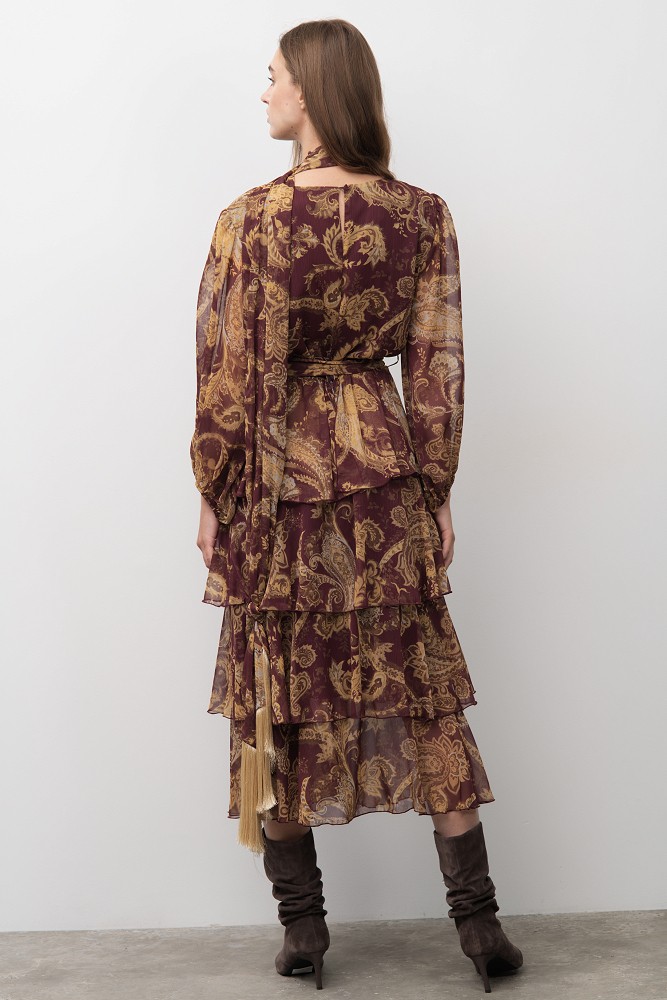 Paisley print midi dress with ruffle details