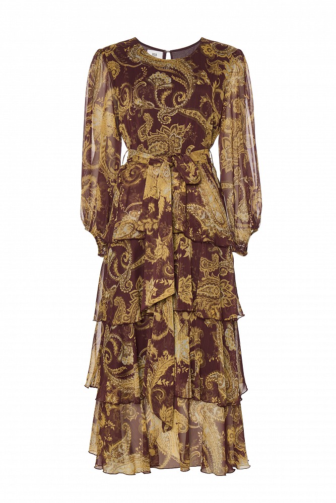 Paisley print midi dress with ruffle details