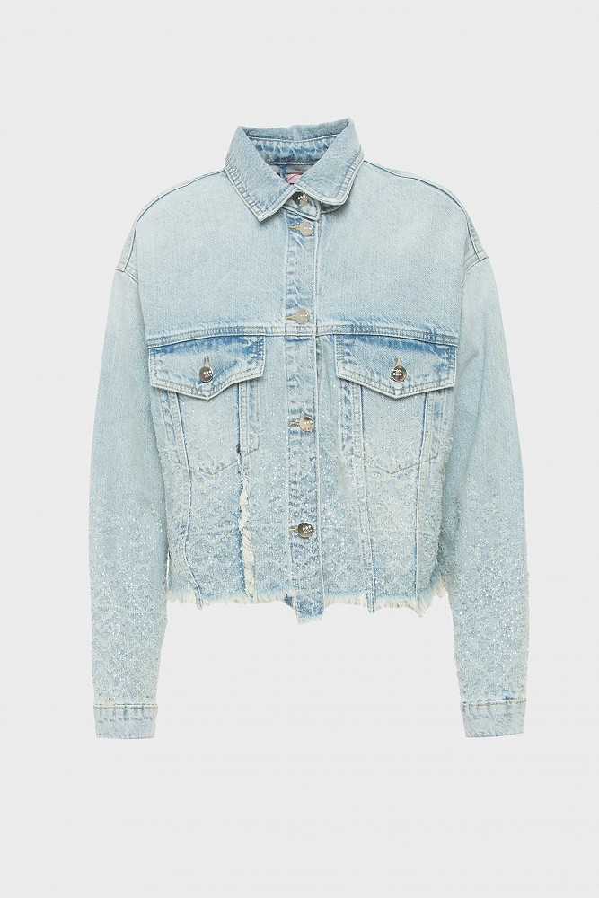Jean jacket with rhinestones and fringes