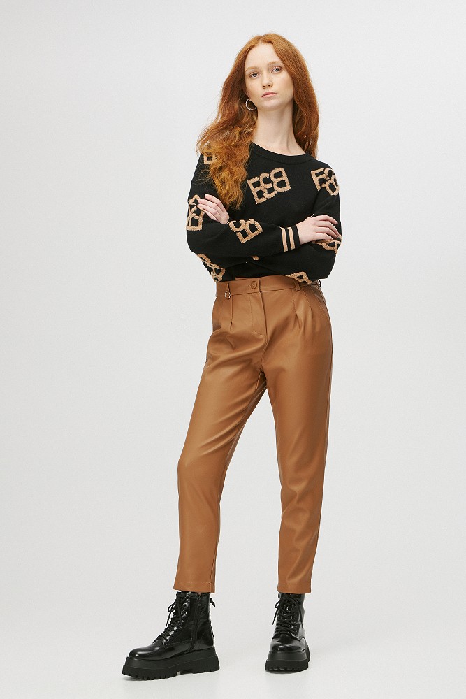 Leather look trousers with elasticated waist
