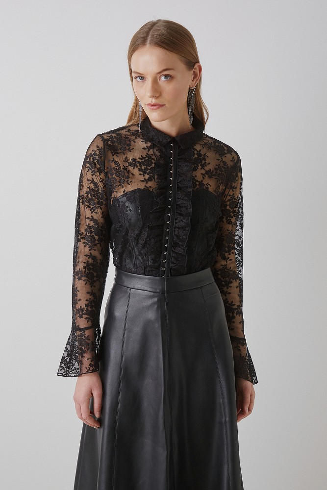 Semi-sheer blouse with lace