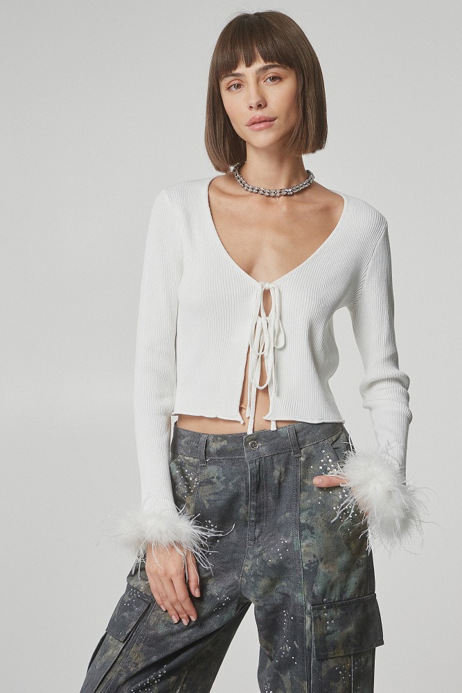 Knit cardigan with feathers