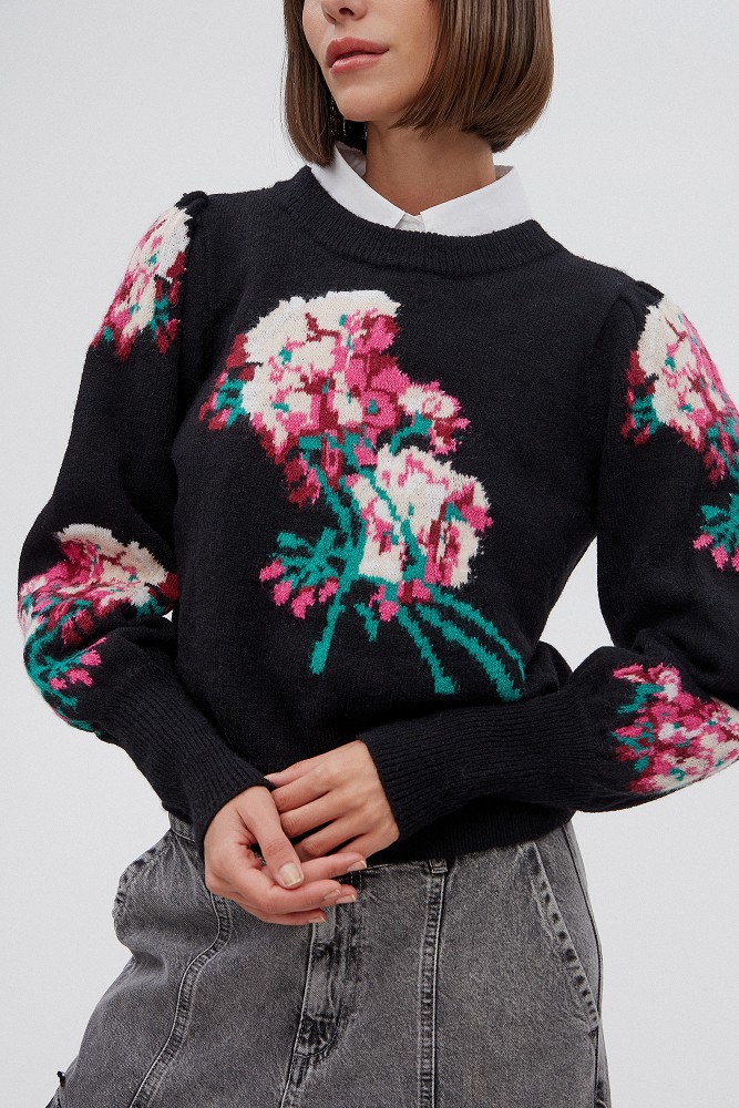 Pullover floral cu mâneci bufante