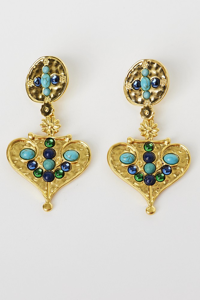 Earrings with heart design and colored stones