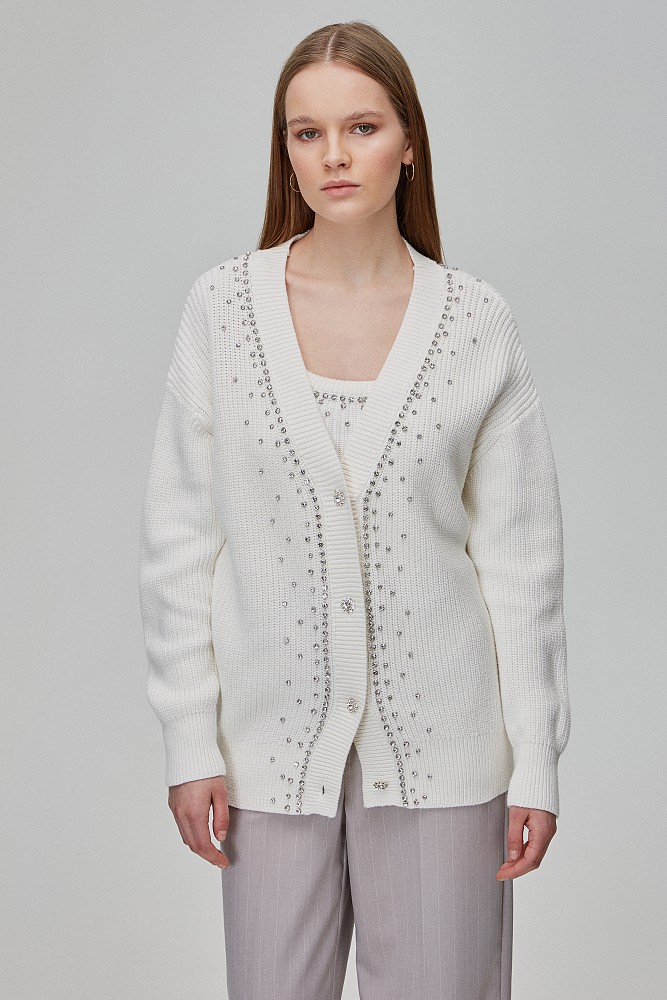 Knit cardigan with bejeweled stones