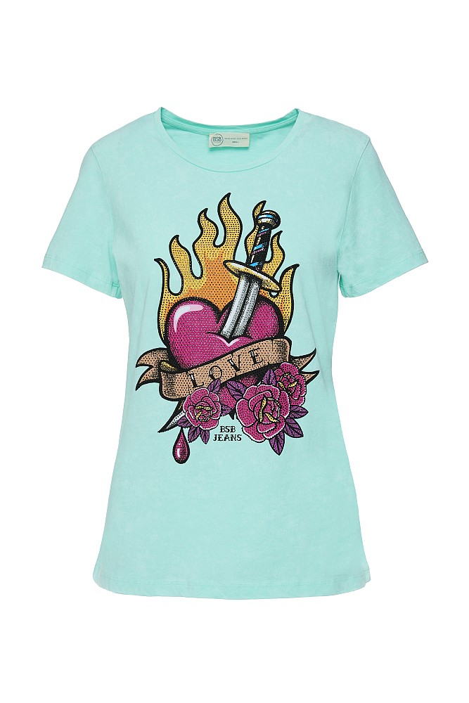 T-shirt with print and rhinestones