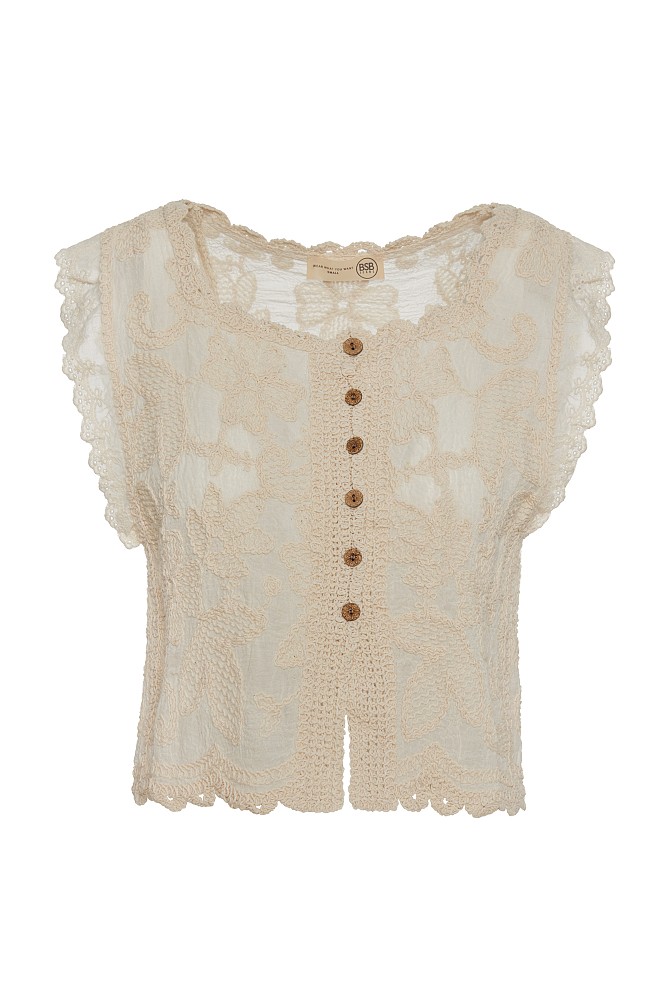 Sleeveless embroidered top with buttons