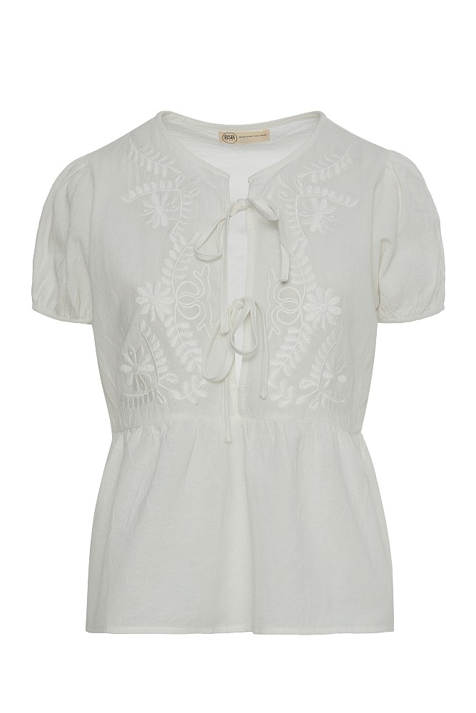 Embroidered blouse with short sleeves and self tie