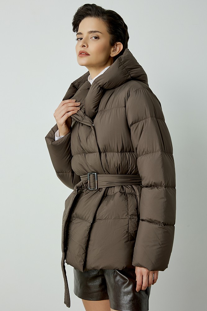 Down shortline puffer jacket with belt