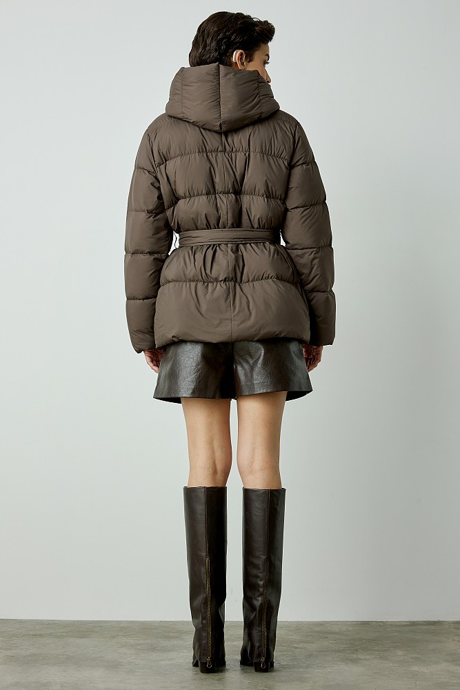 Down shortline puffer jacket with belt