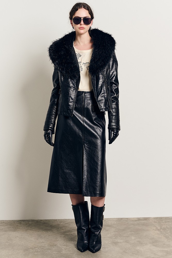 Leather look croco jacket with fur collar