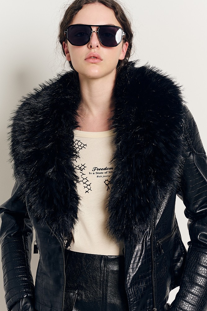 Leather look croco jacket with fur collar