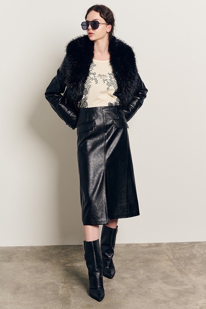 Leather look croco jacket with fur collar