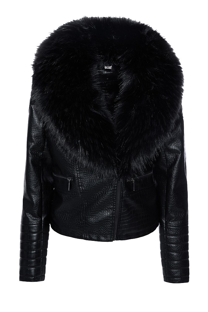 Leather look croco jacket with fur collar