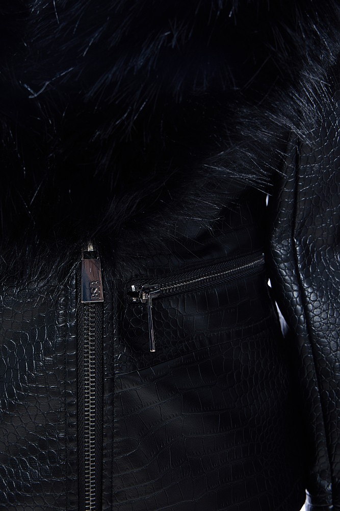 Leather look croco jacket with fur collar