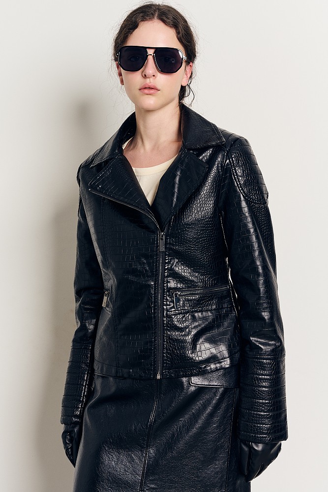 Leather look croco jacket with fur collar