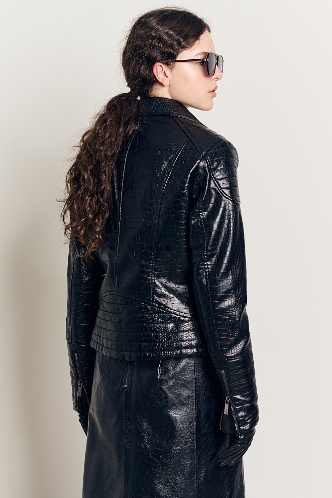 Leather look croco jacket with fur collar