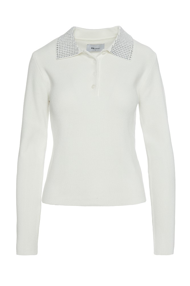 Sweater with rhinestones on the collar