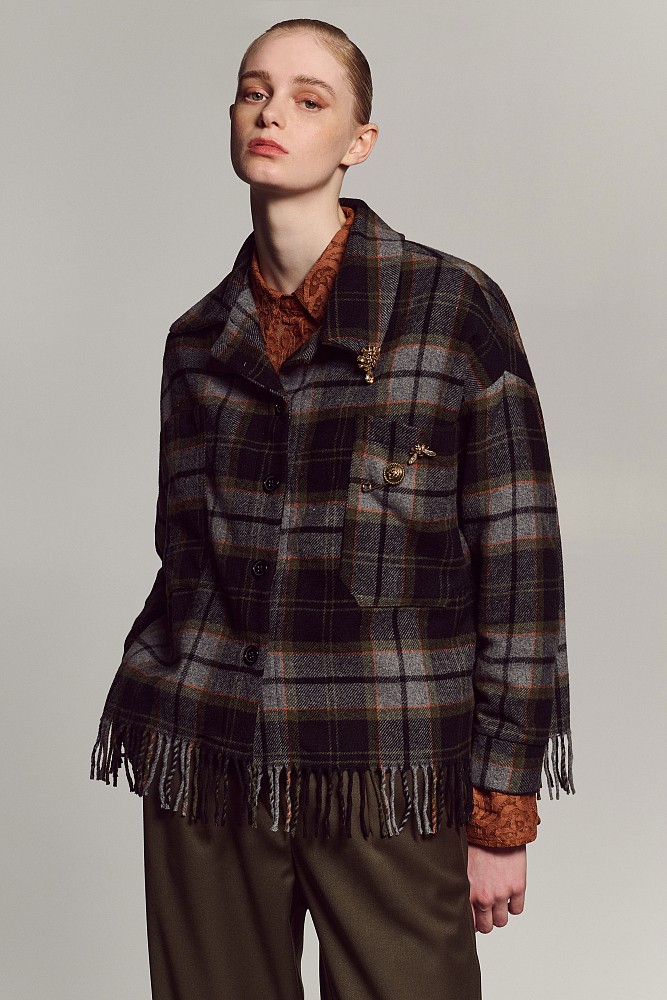 Plaid fringed shirt with pins