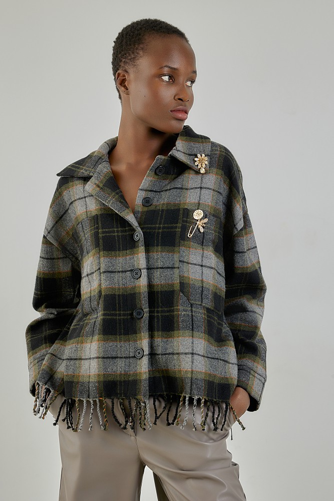 Plaid fringed shirt with pins