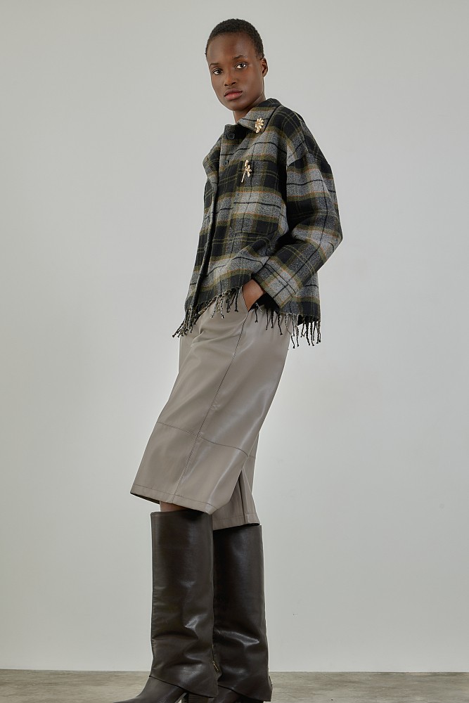 Plaid fringed shirt with pins