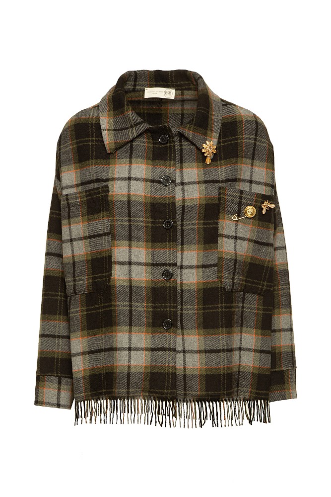 Plaid fringed shirt with pins