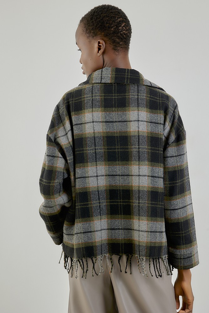 Plaid fringed shirt with pins