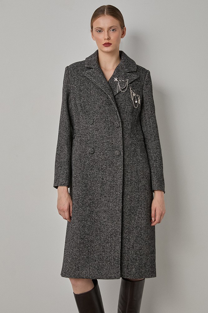 Longline herringbone coat with pin