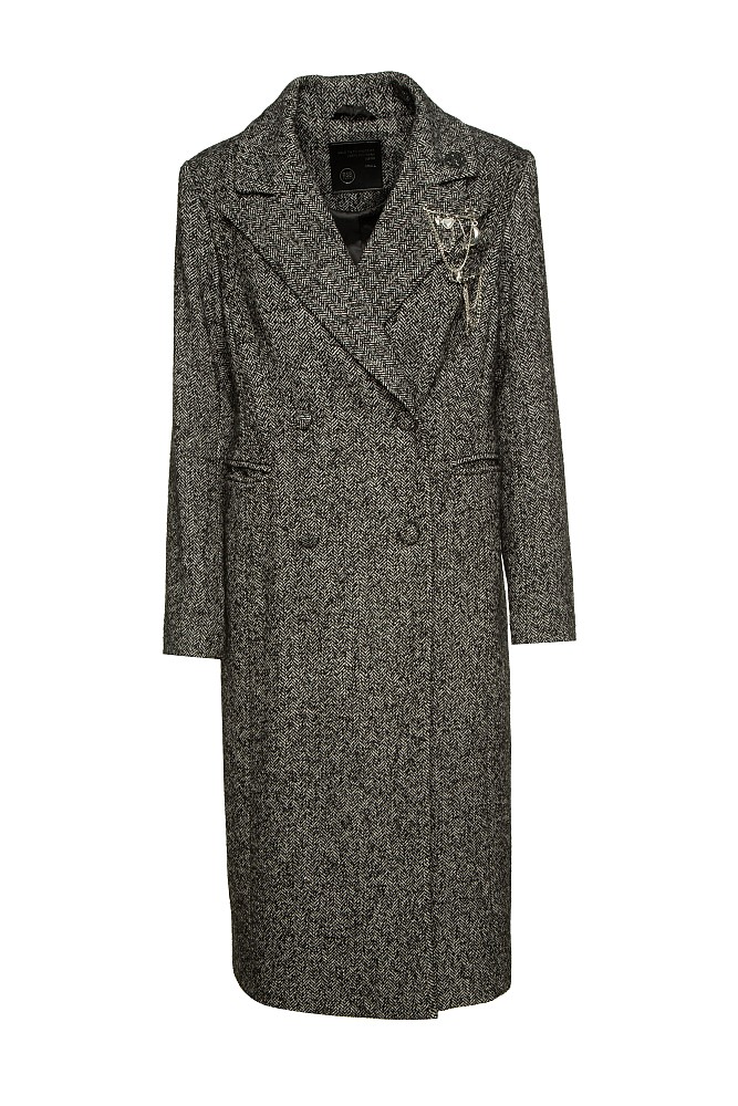 Longline herringbone coat with pin