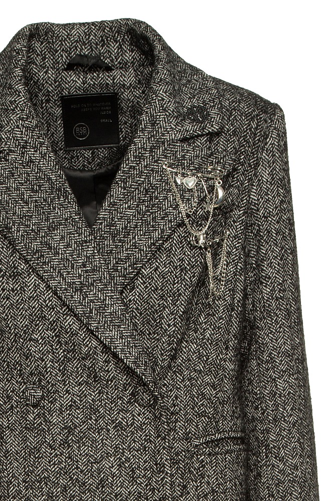 Longline herringbone coat with pin