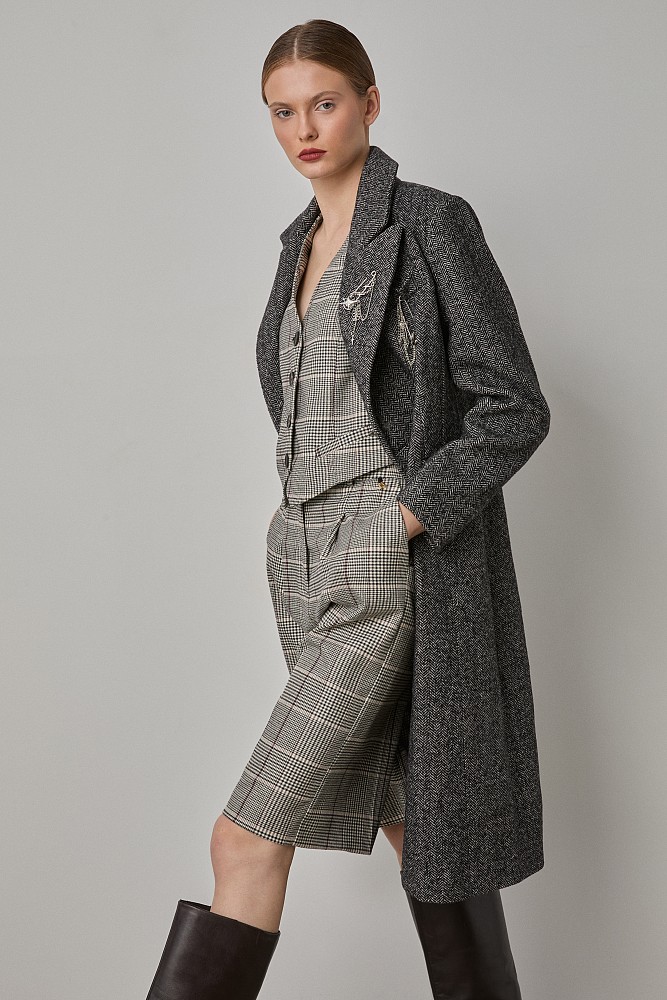Longline herringbone coat with pin