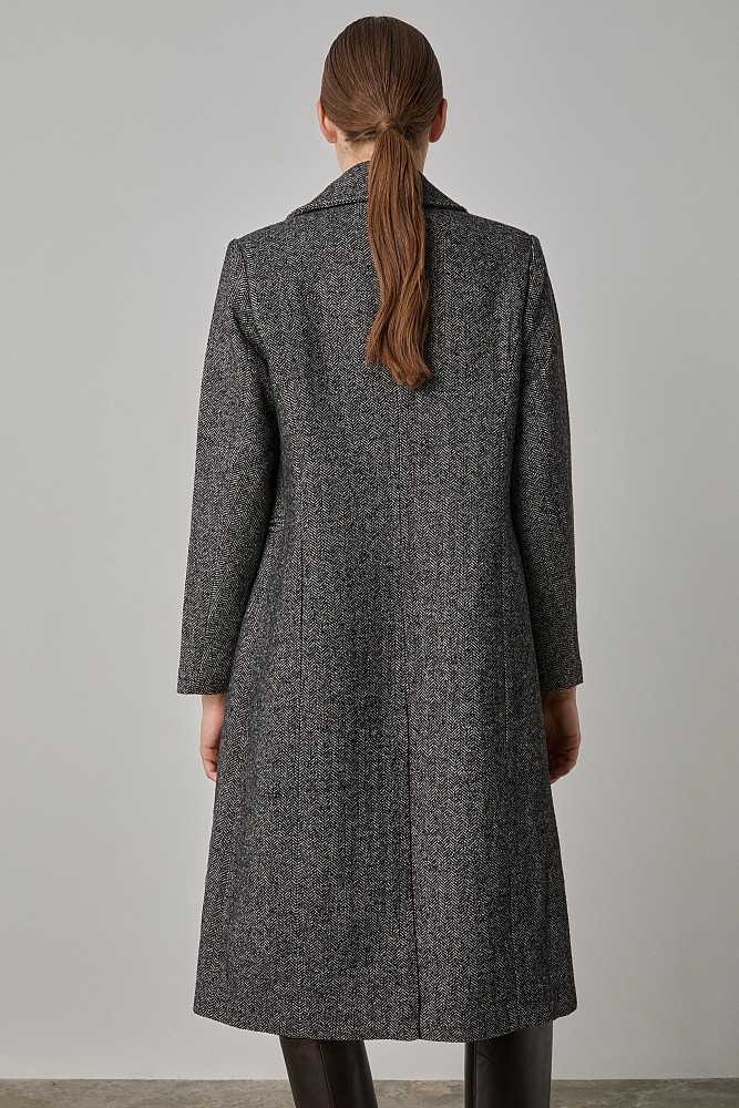 Longline herringbone coat with pin