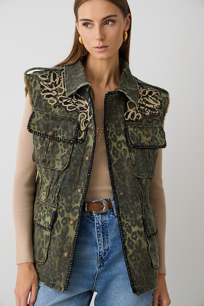 Denim αμάνικο τζάκετ με κέντημα