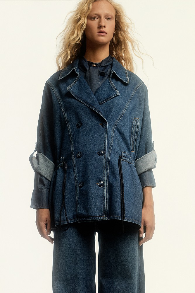 Denim short line trench coat