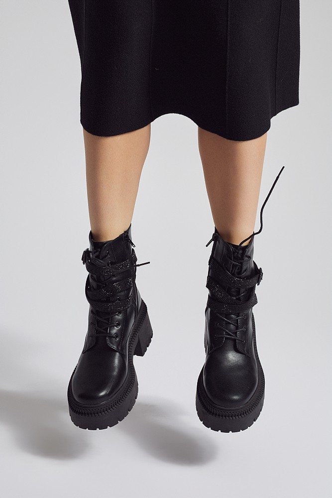 Ankle boots with straps and rhinestones