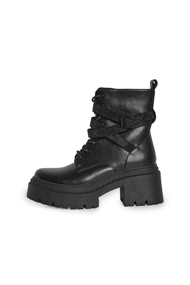 Ankle boots with straps and rhinestones