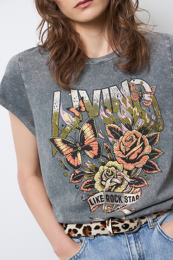 T-shirt with print and rhinestones