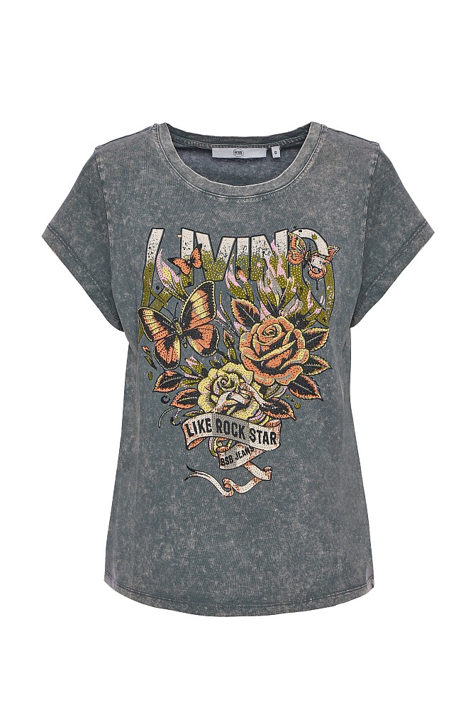 T-shirt with print and rhinestones