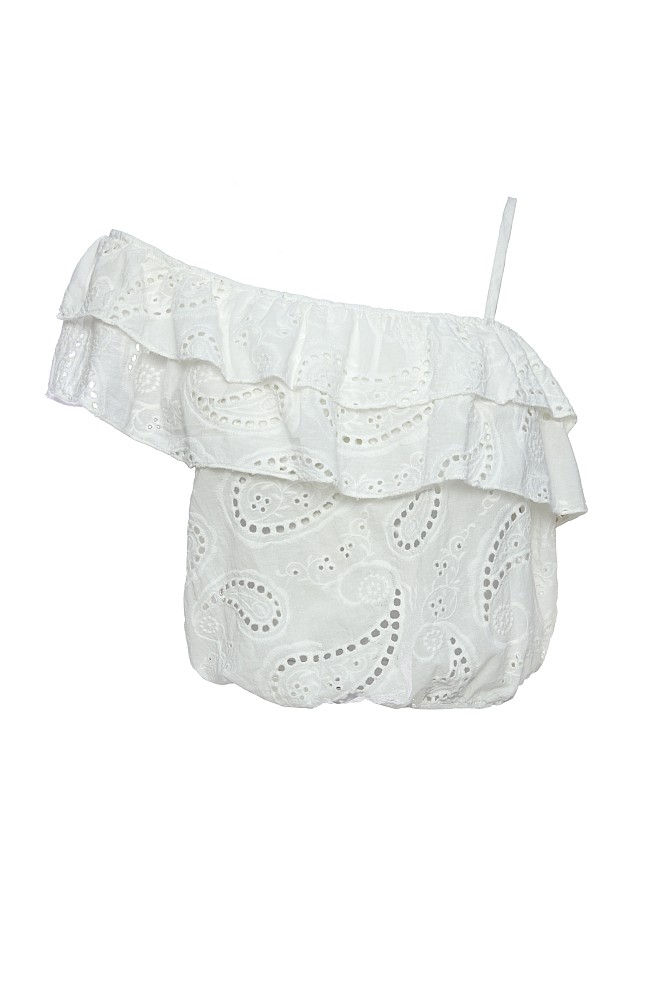 Broderie crop top with one shoulder and ruffles