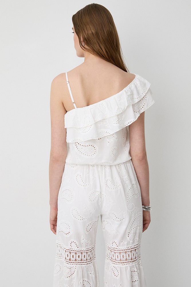 Broderie crop top with one shoulder and ruffles