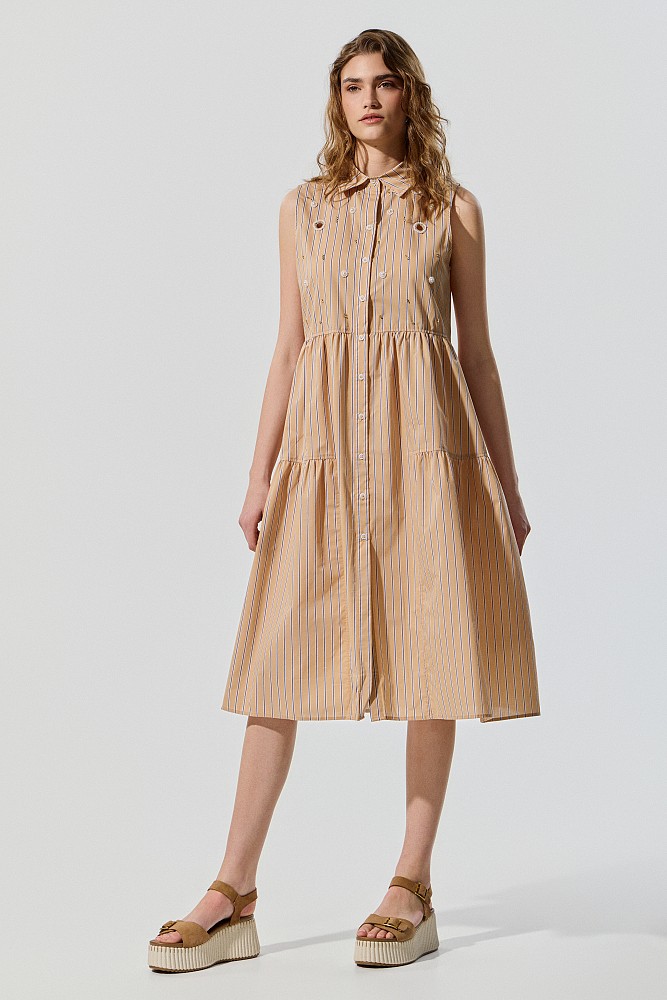 Rochie-cămașă midi fără mâneci cu volane