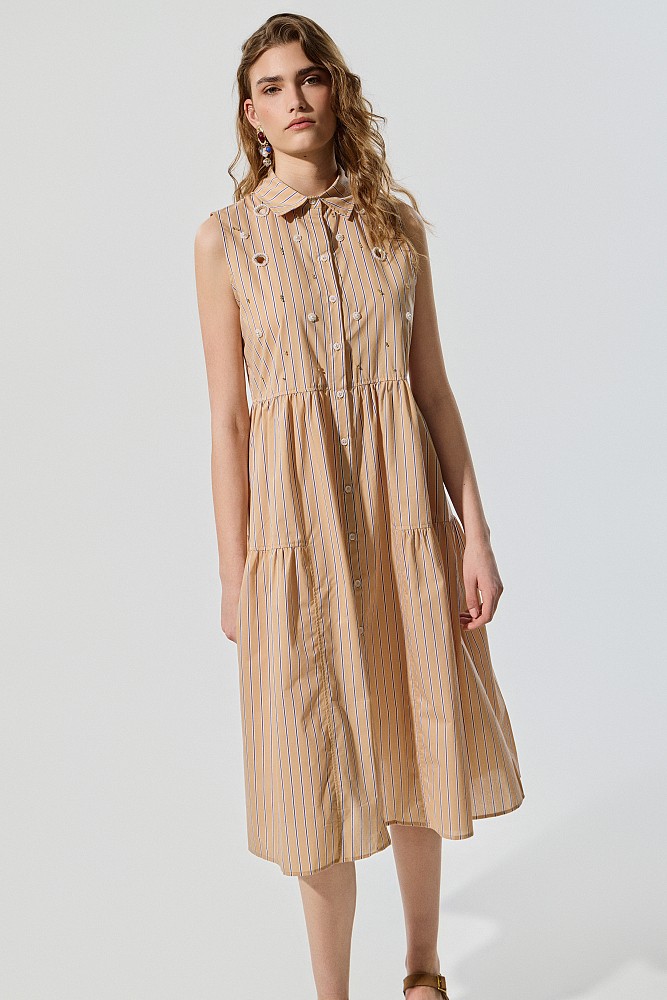 Rochie-cămașă midi fără mâneci cu volane