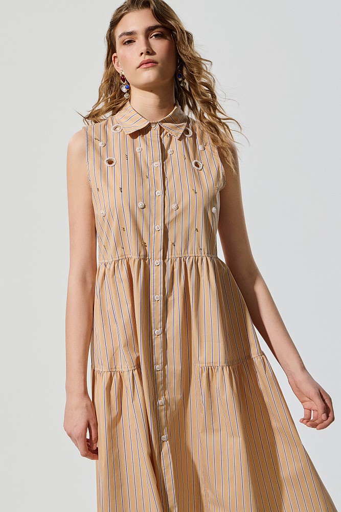 Rochie-cămașă midi fără mâneci cu volane