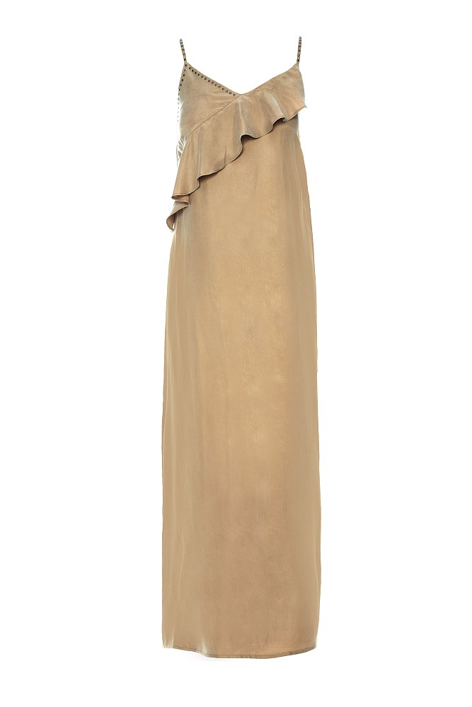 Vestido largo con volantes y tachuelas