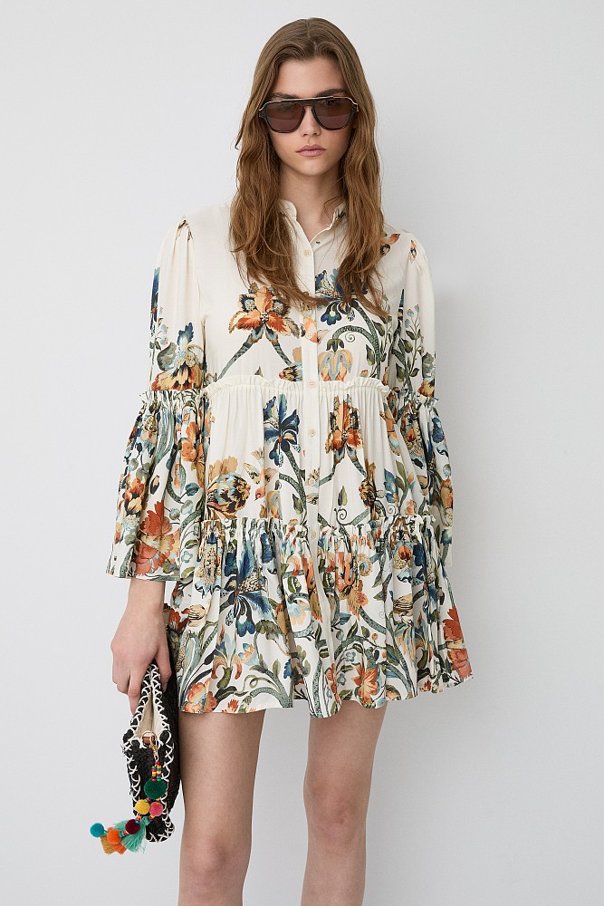 Rochie-cămașă scurtă cu print floral și volane