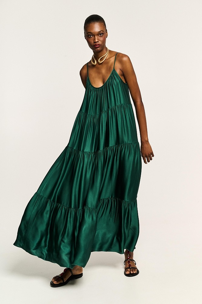 Maxi satin-look dress with ruffles